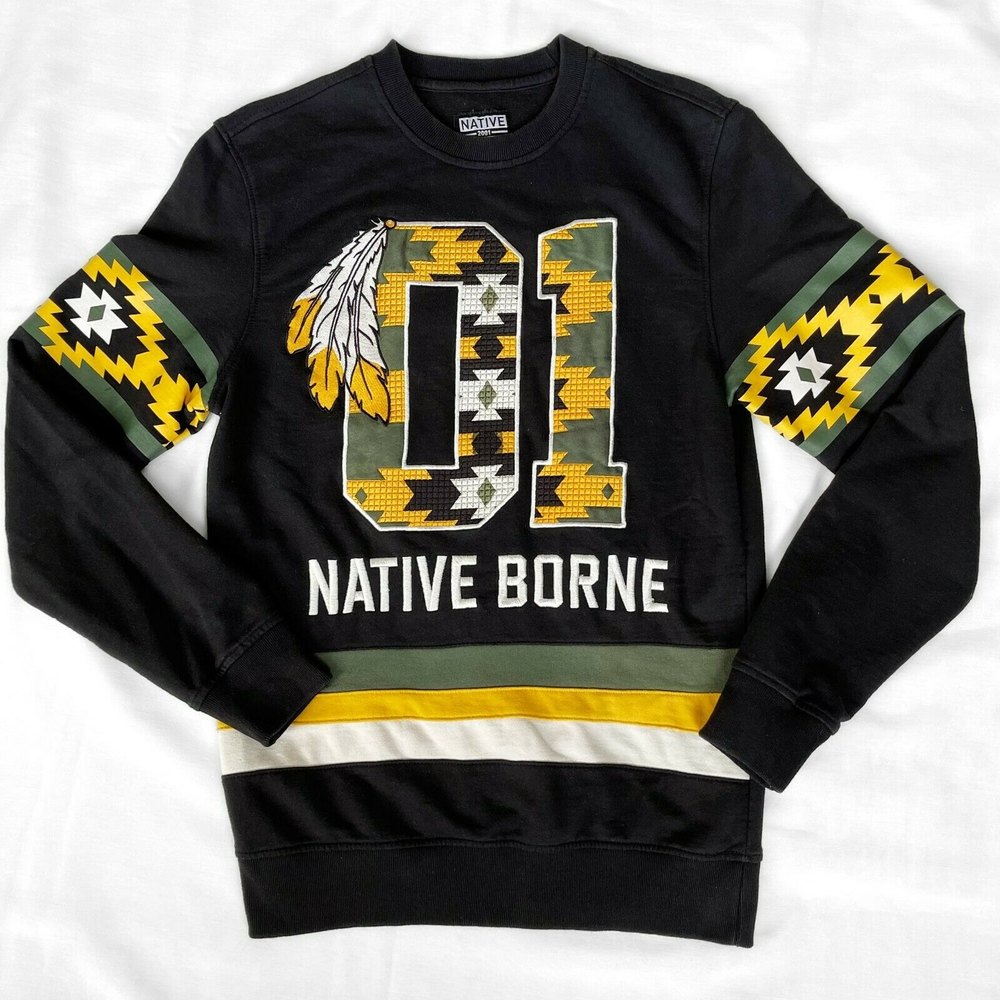 NATIVE BORNE Tribal Embroidered Graphic Black Pullover Crewneck Sweater Size SML